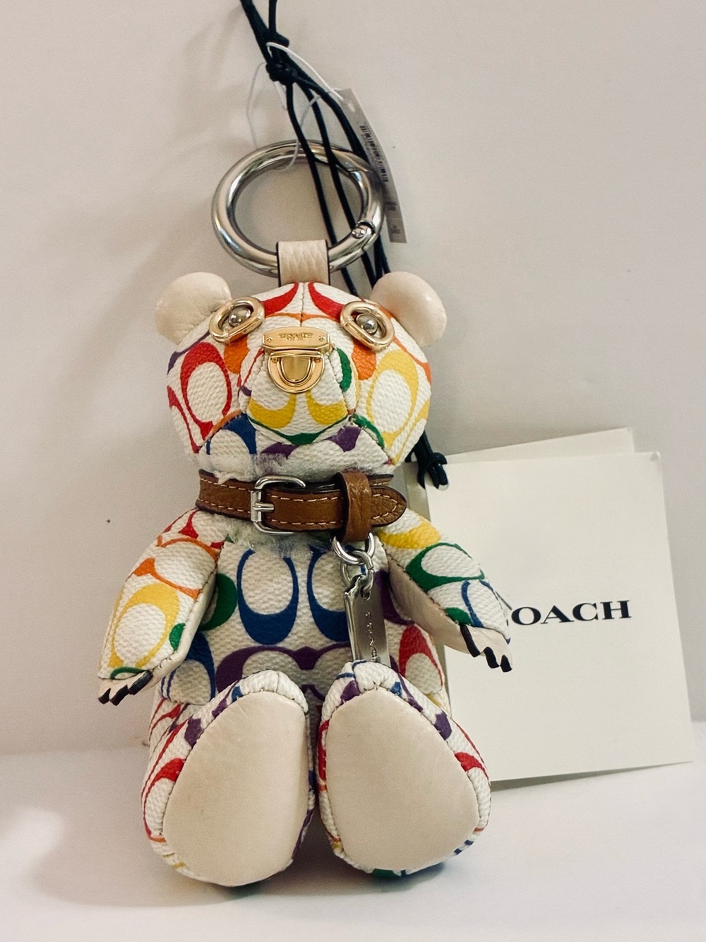 Coach CJ963 Bear Bag Charm In Rainbow Signature C Coated Canvas Keyring NWT - Picture 10 of 12
